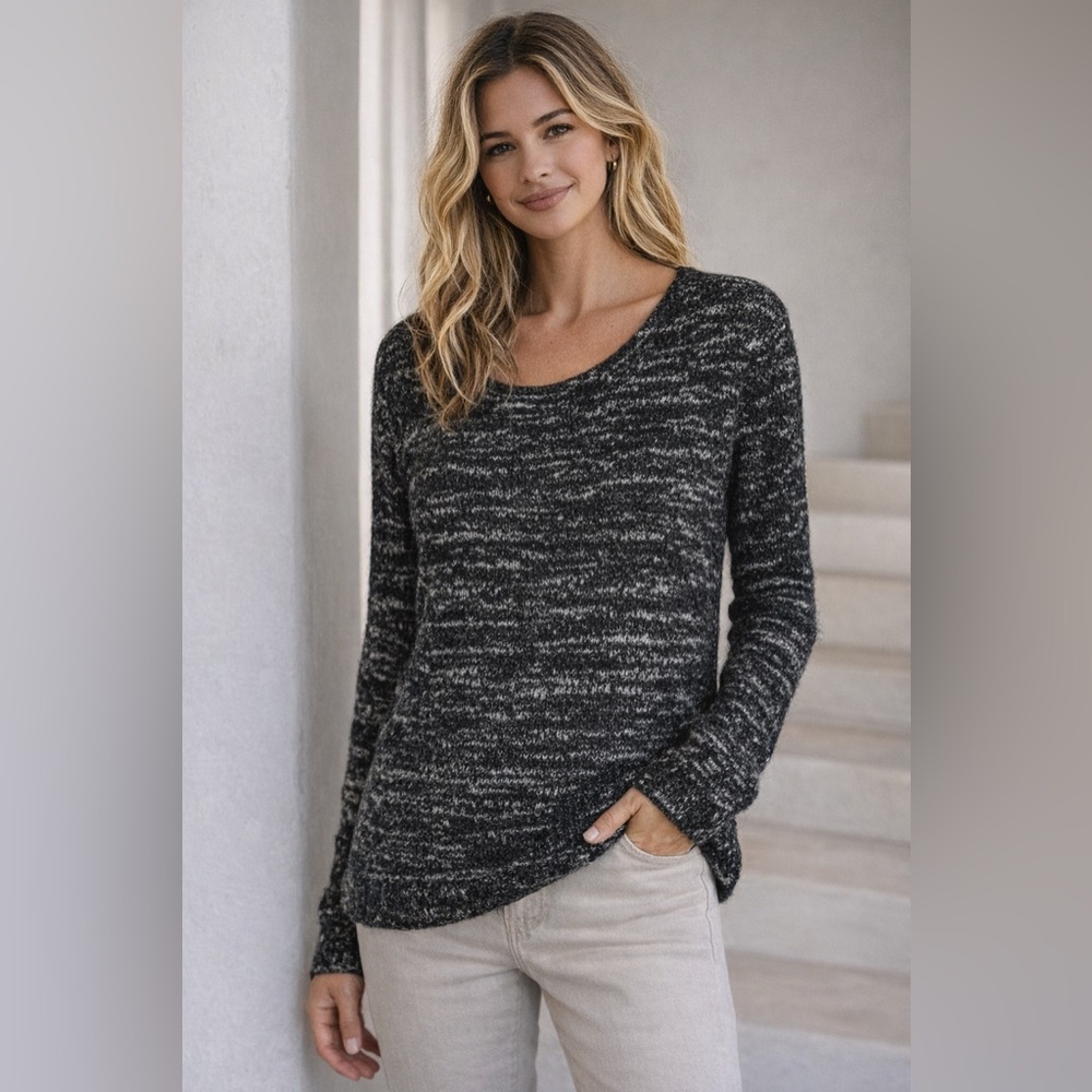 Enza Costa Black Gray Marled Wool Blend Sweater Lightweight Knit Top Size Medium